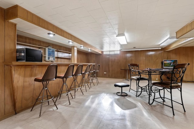 bar with fridge and wooden walls