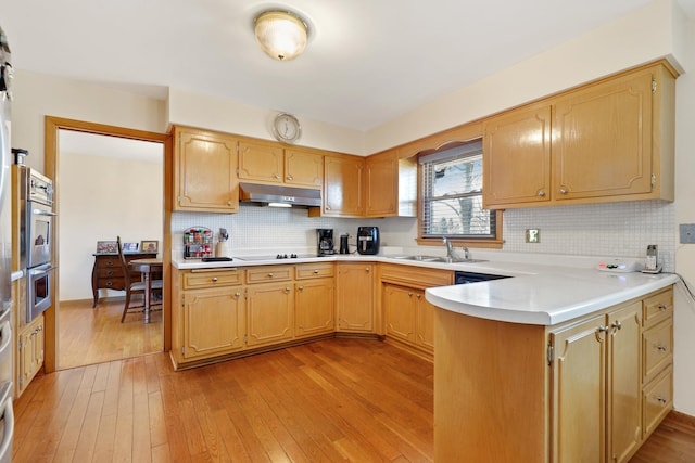 kitchen featuring decorative backsplash, light hardwood / wood-style floors, and kitchen peninsula