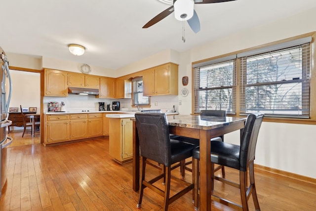 kitchen featuring ceiling fan, sink, and light hardwood / wood-style floors