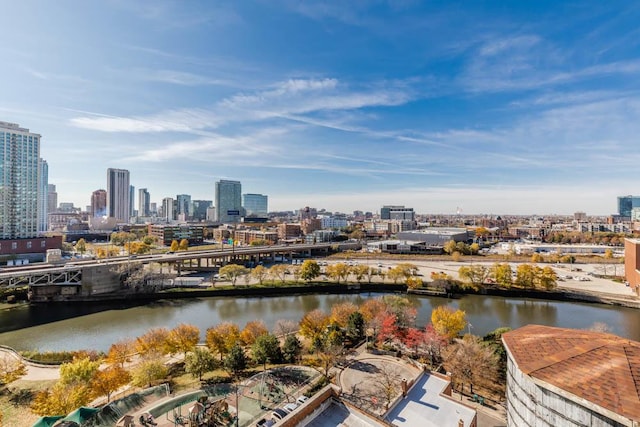 property's view of city featuring a water view