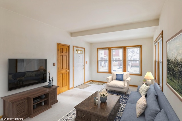 living area featuring carpet and baseboards