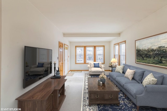 living area with carpet and baseboards