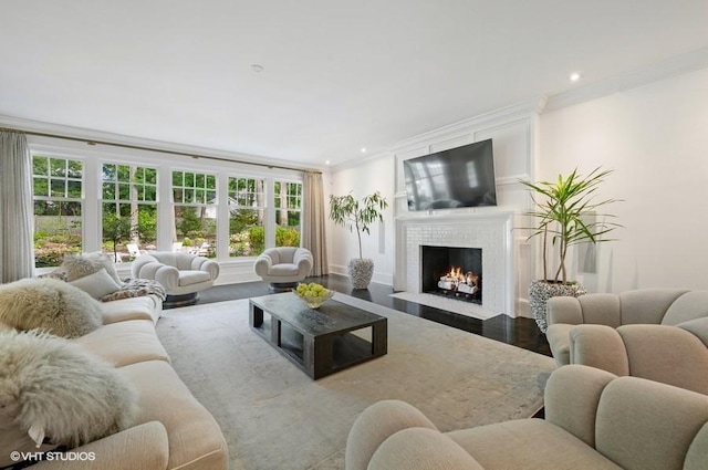 living room featuring crown molding and wood-type flooring