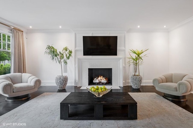 living room featuring crown molding, a large fireplace, and wood-type flooring