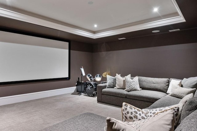 carpeted cinema room featuring a raised ceiling