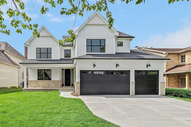 modern farmhouse with covered porch, a front yard, and a garage