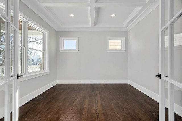 empty room featuring dark hardwood / wood-style flooring, crown molding, beam ceiling, and coffered ceiling