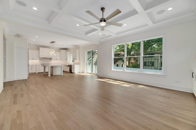 unfurnished living room with ceiling fan, light wood-type flooring, beamed ceiling, and coffered ceiling