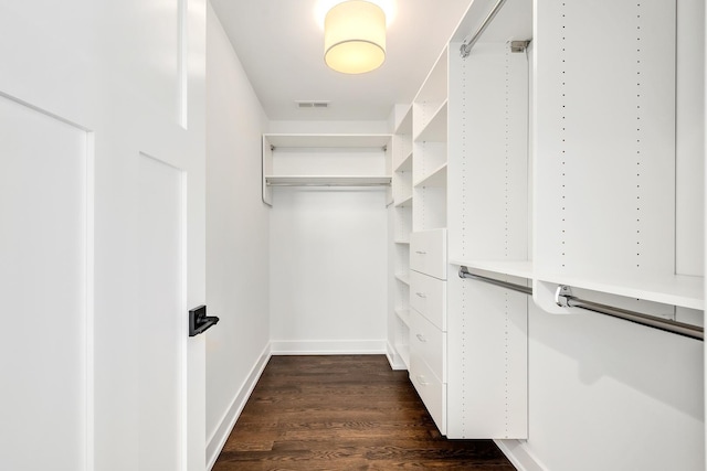 spacious closet with dark hardwood / wood-style flooring