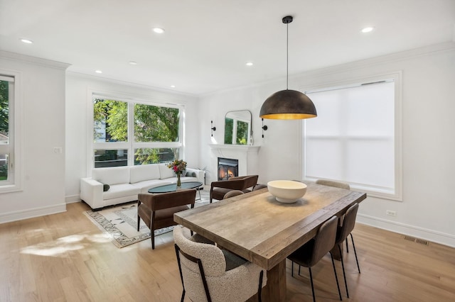 dining space featuring ornamental molding, light hardwood / wood-style floors, and a healthy amount of sunlight