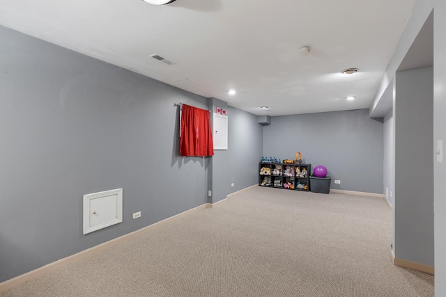 recreation room featuring recessed lighting, carpet flooring, visible vents, and baseboards