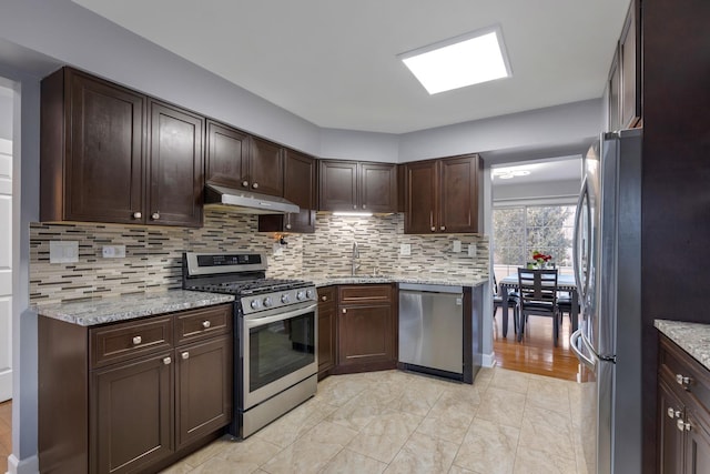 kitchen featuring under cabinet range hood, a sink, dark brown cabinets, appliances with stainless steel finishes, and tasteful backsplash