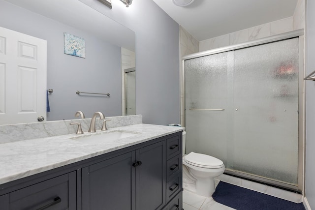 bathroom featuring toilet, a stall shower, a baseboard radiator, and vanity