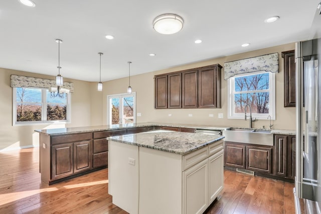 kitchen with light hardwood / wood-style flooring, a healthy amount of sunlight, a center island, decorative light fixtures, and sink