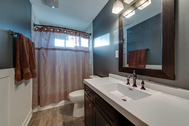 bathroom featuring toilet, vanity, and wood-type flooring