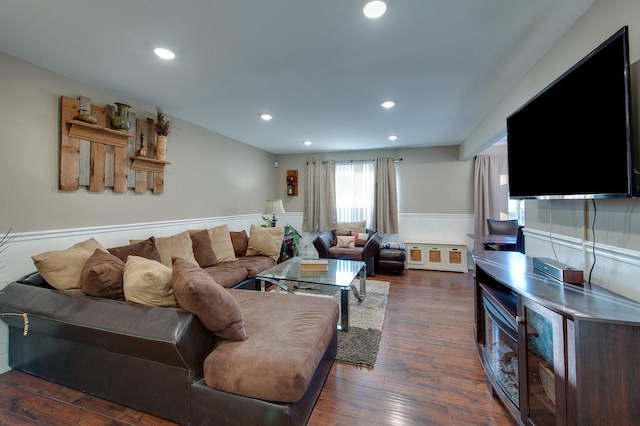 living room with dark wood-type flooring