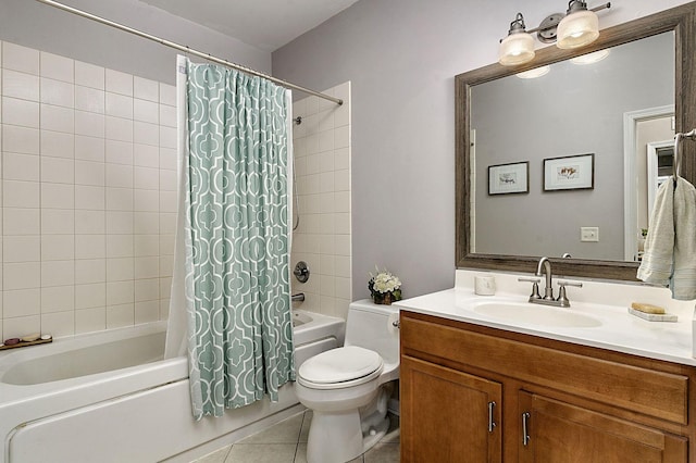 full bathroom with toilet, vanity, shower / bathtub combination with curtain, and tile patterned flooring