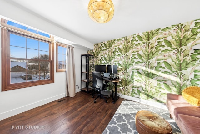 office with dark hardwood / wood-style floors