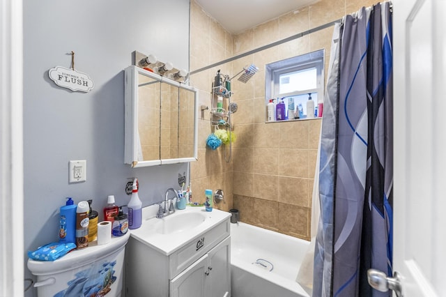 full bathroom with toilet, shower / bathtub combination with curtain, and vanity