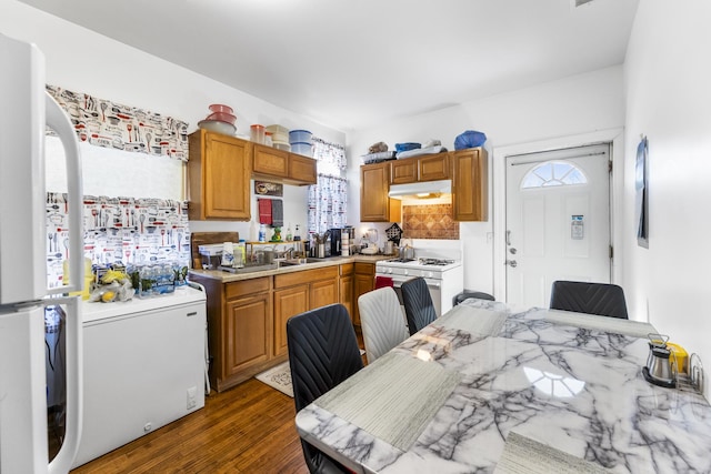 kitchen with a healthy amount of sunlight, fridge, dark hardwood / wood-style floors, and white gas range oven