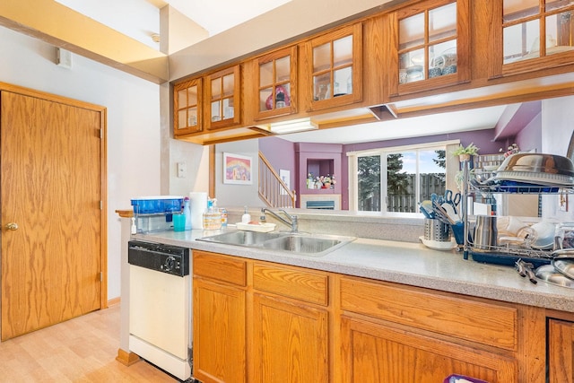 kitchen with white dishwasher, light hardwood / wood-style flooring, and sink