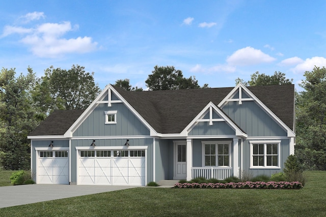 view of front facade featuring a front yard, a garage, and a porch