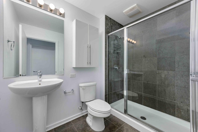 bathroom featuring tile patterned flooring, toilet, visible vents, baseboards, and a shower stall