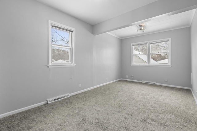 carpeted spare room featuring healthy amount of natural light, baseboards, and crown molding