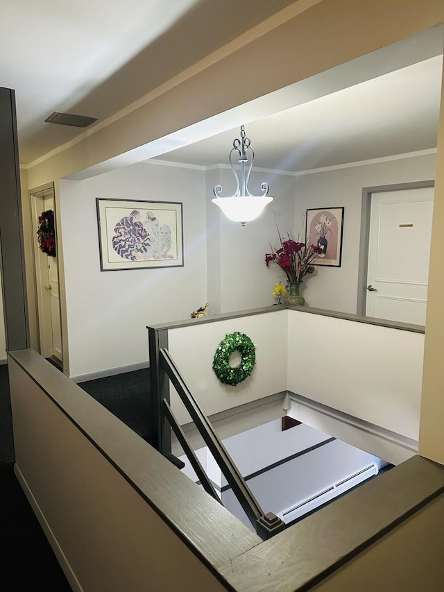 interior space featuring carpet floors and ornamental molding