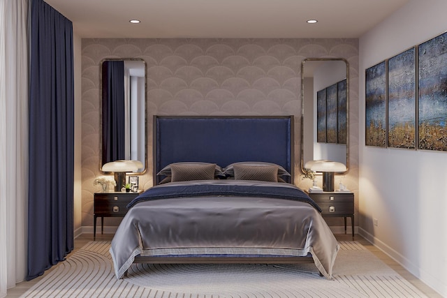 5114 S Kenwood Ave Unit Phb, Chicago, IL 60615 - bedroom with wallpapered walls, an accent wall, baseboards, and recessed lighting