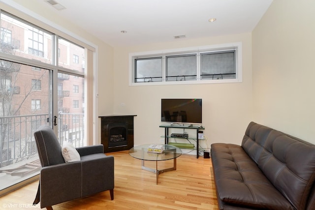 living room with light hardwood / wood-style flooring