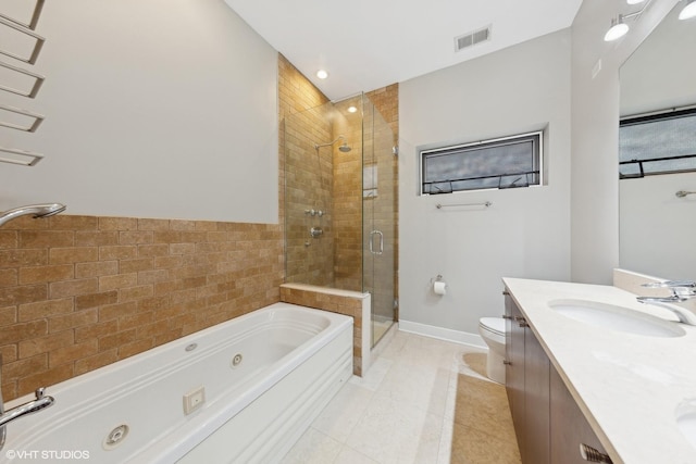 full bathroom with toilet, vanity, tile patterned flooring, and shower with separate bathtub