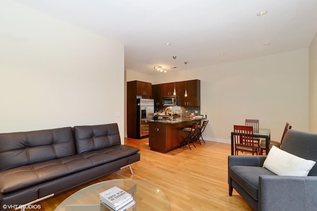 living room featuring sink and light hardwood / wood-style floors