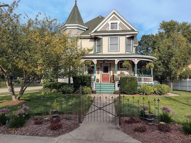 victorian house featuring covered porch and a front lawn