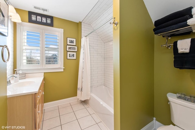 full bathroom with shower / bath combination with curtain, tile patterned floors, toilet, and vanity