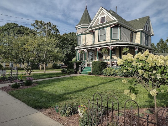 victorian-style house with a front lawn and a porch