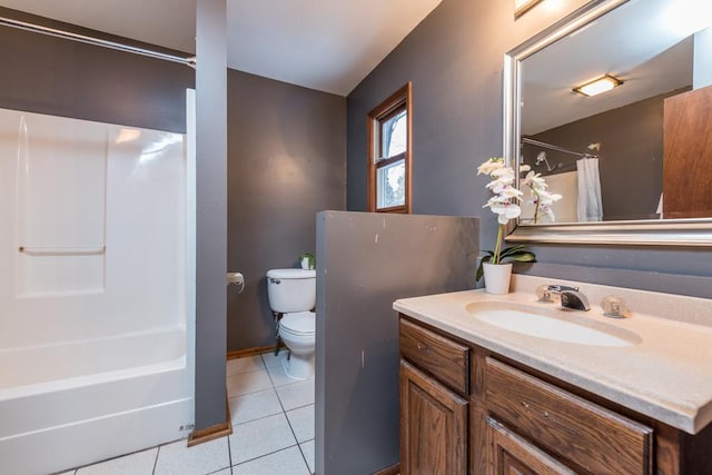 full bathroom with toilet, vanity, tile patterned floors, and shower / bath combination with curtain