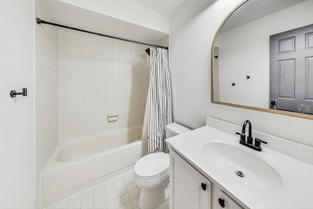 full bathroom featuring toilet, tile patterned flooring, shower / bathtub combination with curtain, and vanity