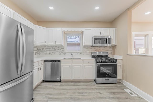 kitchen with stainless steel appliances, sink, white cabinets, light hardwood / wood-style floors, and decorative backsplash