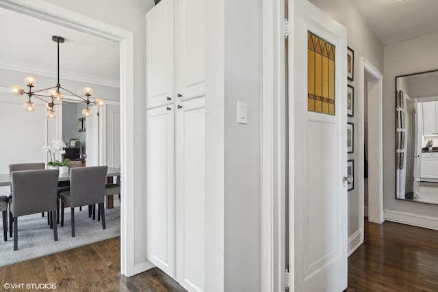 hallway with ornamental molding, a notable chandelier, and dark hardwood / wood-style floors