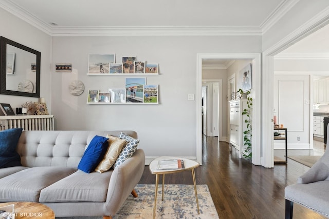 living room featuring dark hardwood / wood-style flooring and crown molding