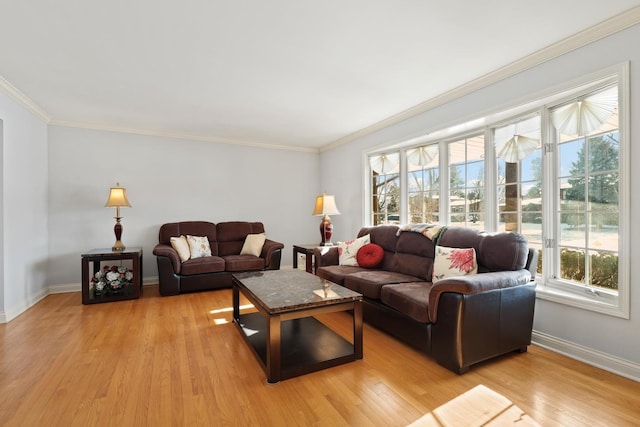 living room featuring light wood-type flooring and ornamental molding