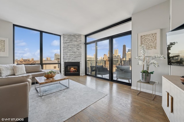 living room with a wall of windows, a fireplace, and wood-type flooring