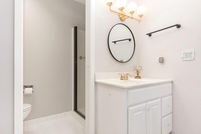 bathroom with walk in shower, tile patterned flooring, vanity, and toilet