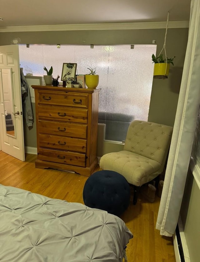 bedroom featuring wood-type flooring and crown molding