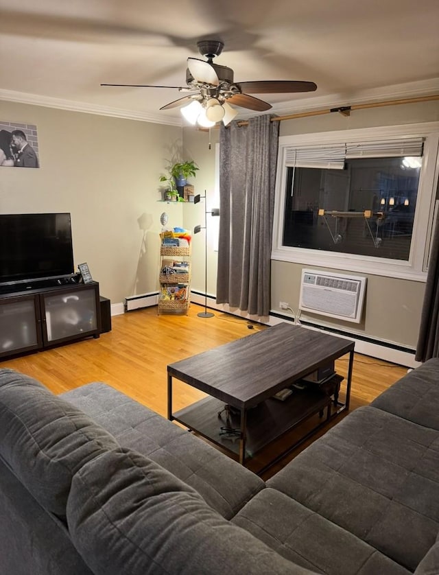 living room with hardwood / wood-style flooring, an AC wall unit, ornamental molding, and a baseboard radiator