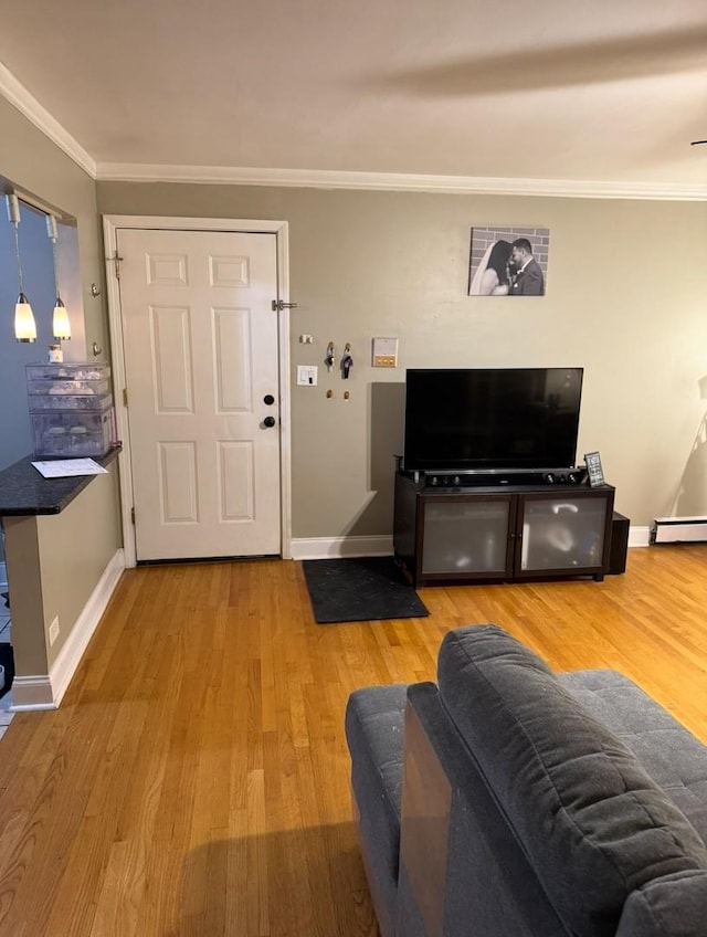 living room featuring ornamental molding, hardwood / wood-style floors, and a baseboard heating unit