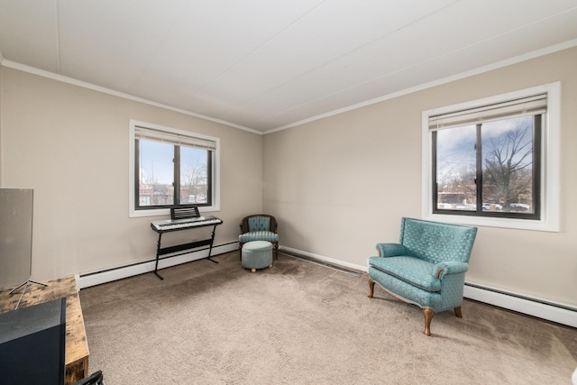 living area with a baseboard radiator, ornamental molding, and carpet flooring