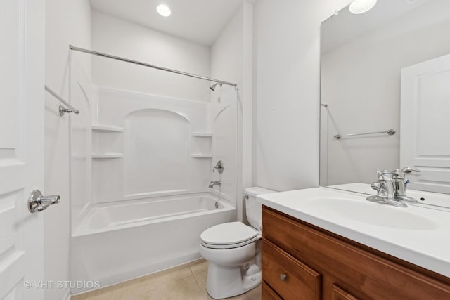 full bathroom with shower / bathtub combination, vanity, toilet, and tile patterned flooring