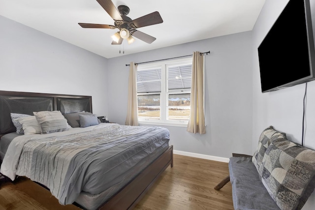 bedroom with ceiling fan and wood-type flooring